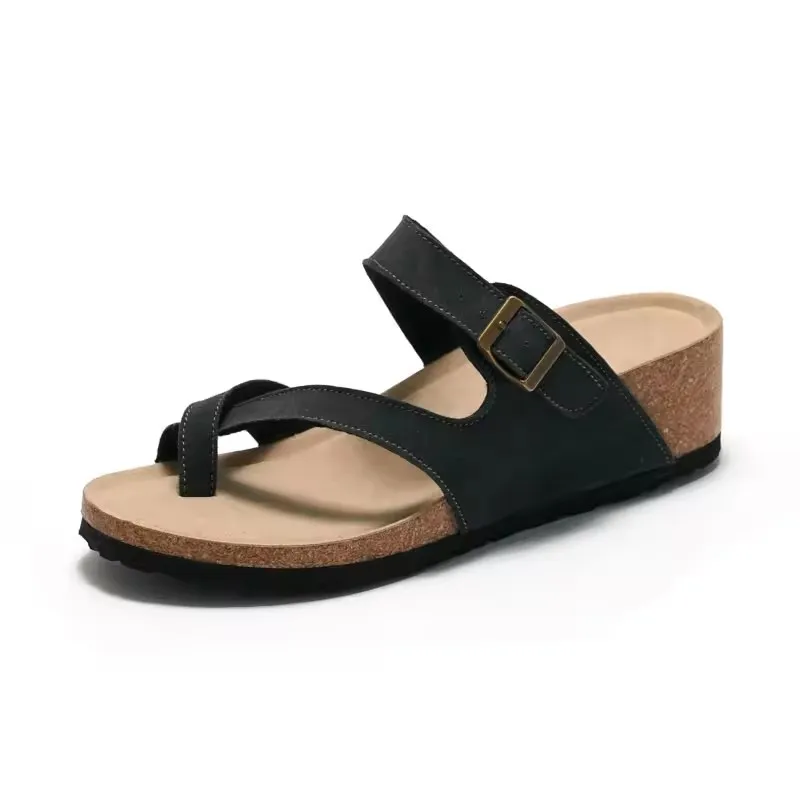 2024 New Style Women Flip-flops Adjustable Buckle Strap Cork Slippers Suede Wedge Heeled Sandals Outdoor Ladies Trendy Shoes