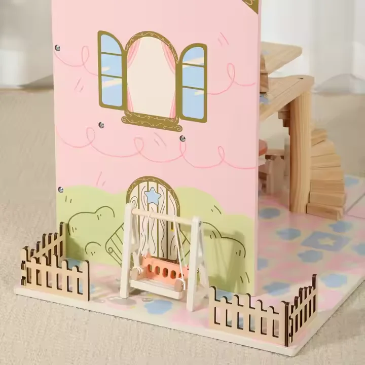 Hot selling Pretend Play Wooden Dolls House with Furniture Accessories Pink Style DIY Handmade Wooden Miniature Doll House