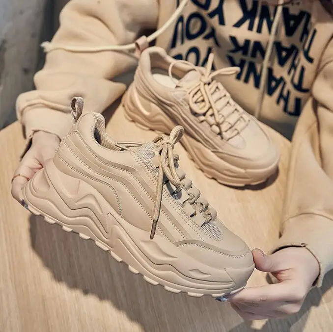Spring new real soft leather sneakers female student running thick bottom heightening sneakers