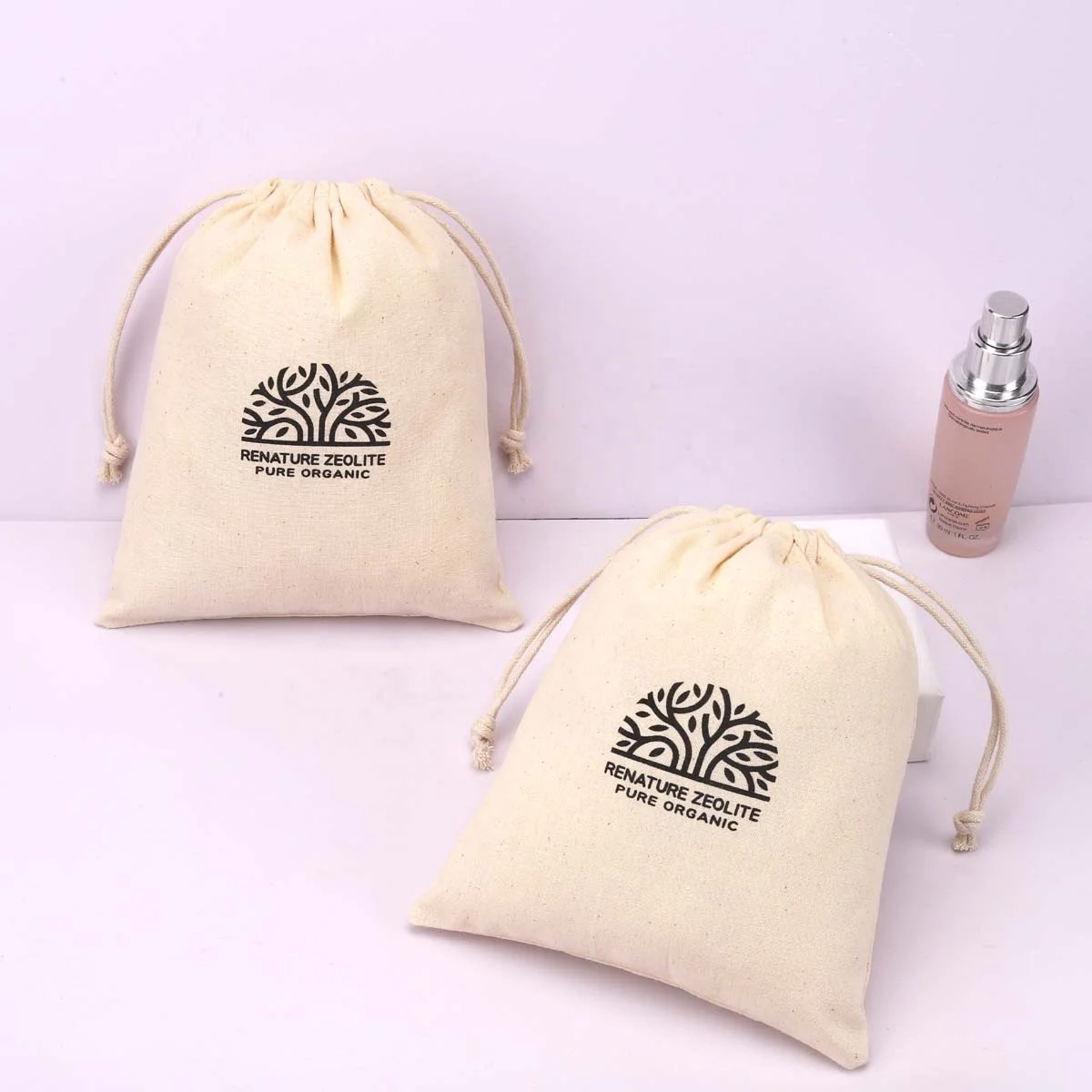 Custom Logo Printed Organic Cotton Gift Hangover Kit Dust Packing Drawstring Bag Natural Soild Msulin Storage Shoe Poouch
