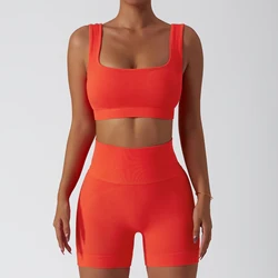 Summer Sport Yoga Workout 2PCS Training Wear Ribbed Seamless Set Womens Biker Shorts Gym Sets