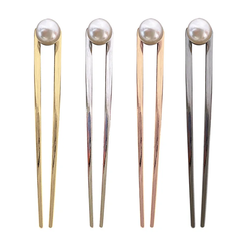 Korean U Shape Elegant Rose Gold Black Silver Metal Hair Stick Handmade Pearl Chopstick Girls Hair Accessories Hair Clips Pins