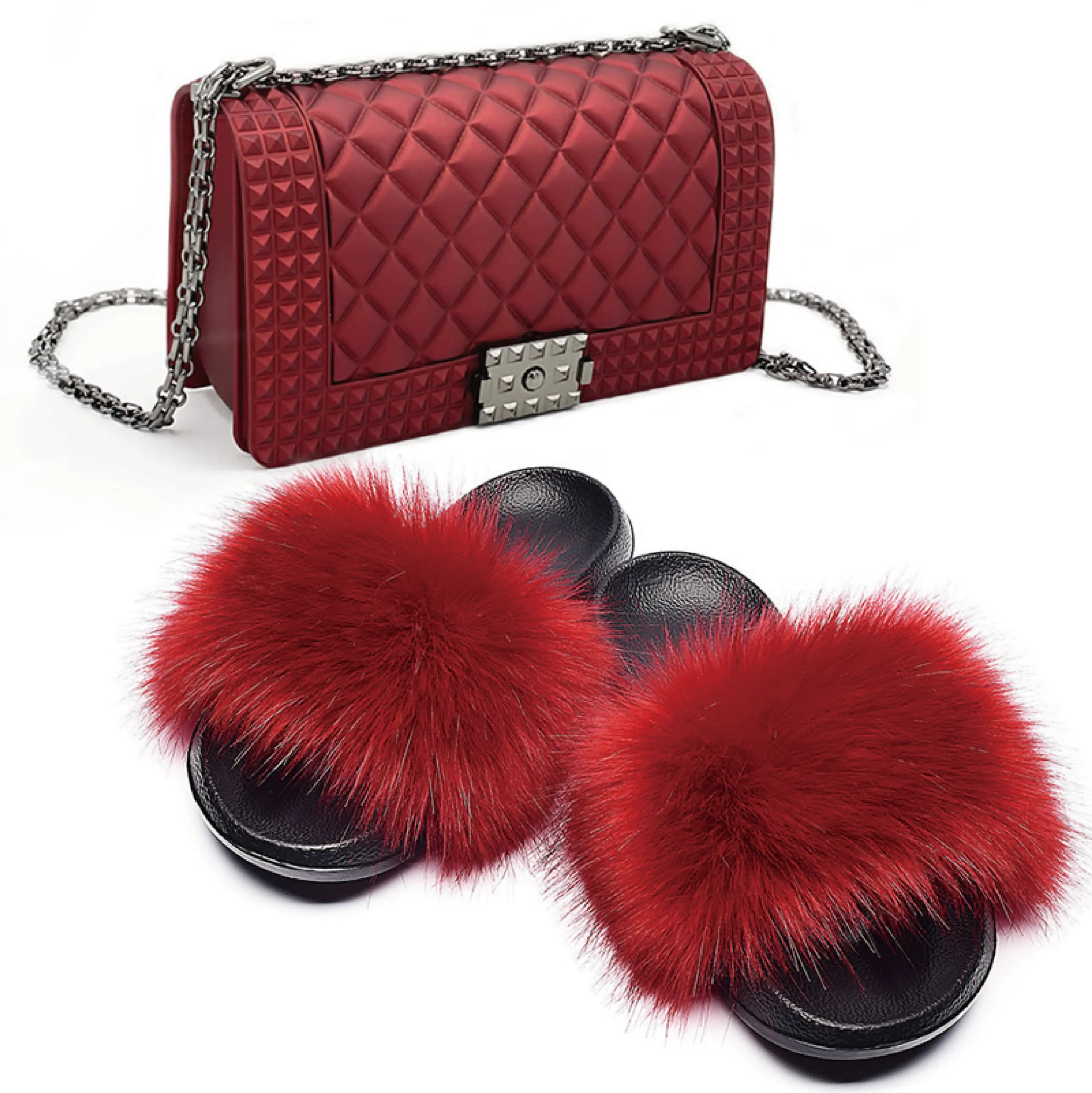 
High quality dark red faux fur furry fluffy slippers slides sandals and purse set for women 