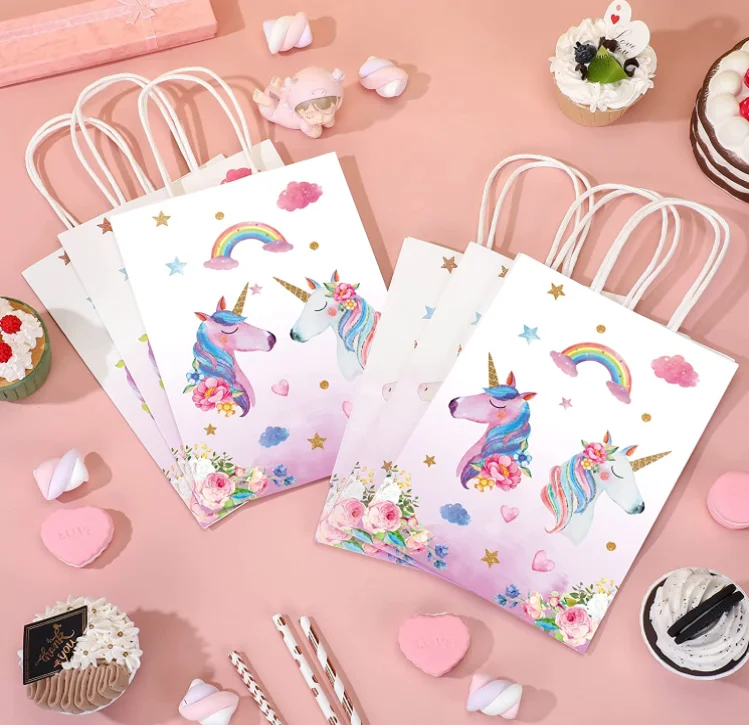 Bulk custom logo cartoon design baby shower birthday colorful foldable cute unicorn kraft paper bags with  handle