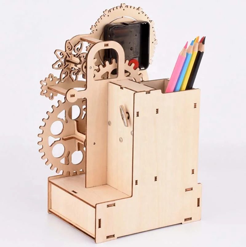 Wooden 3D Jigsaw Puzzle Clock Gear Clockwork Music Box Pen Holder DIY Handmade Toys for Children Educational Model Building Kits