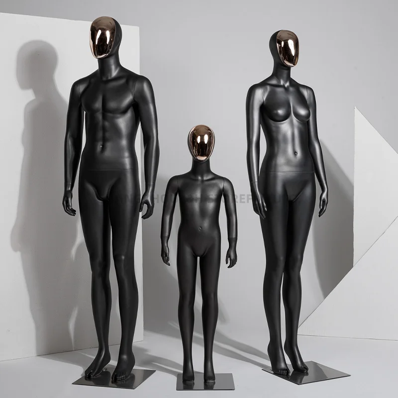 gold  and silver chrome face female full body mannequin matt black color family dummy sets teen bikini models