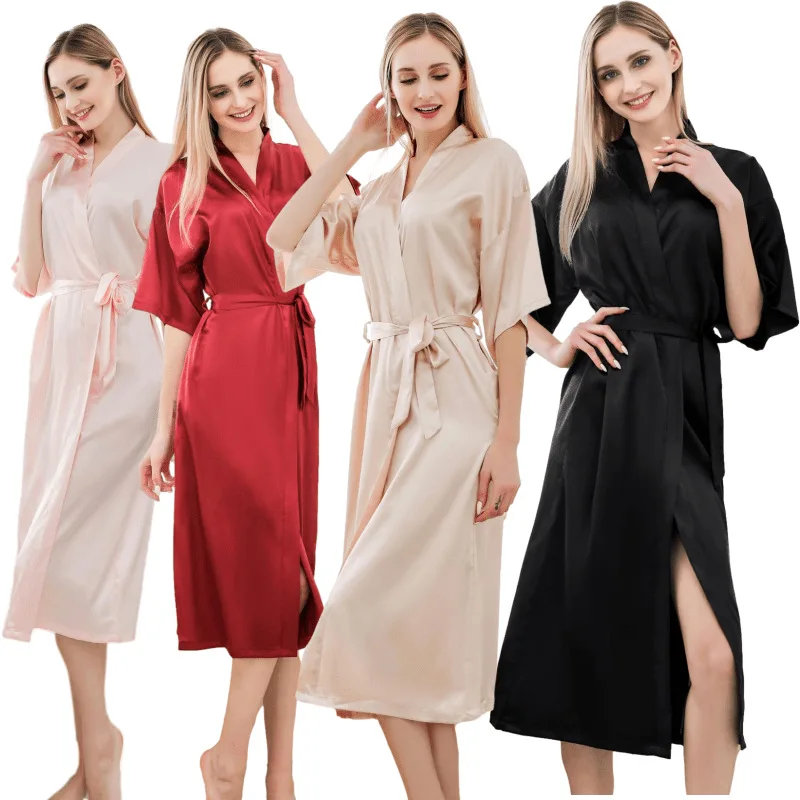 European and American hot selling long nightgown solid color micro-elastic dressing gown ladies thin sexy satin bathrobe