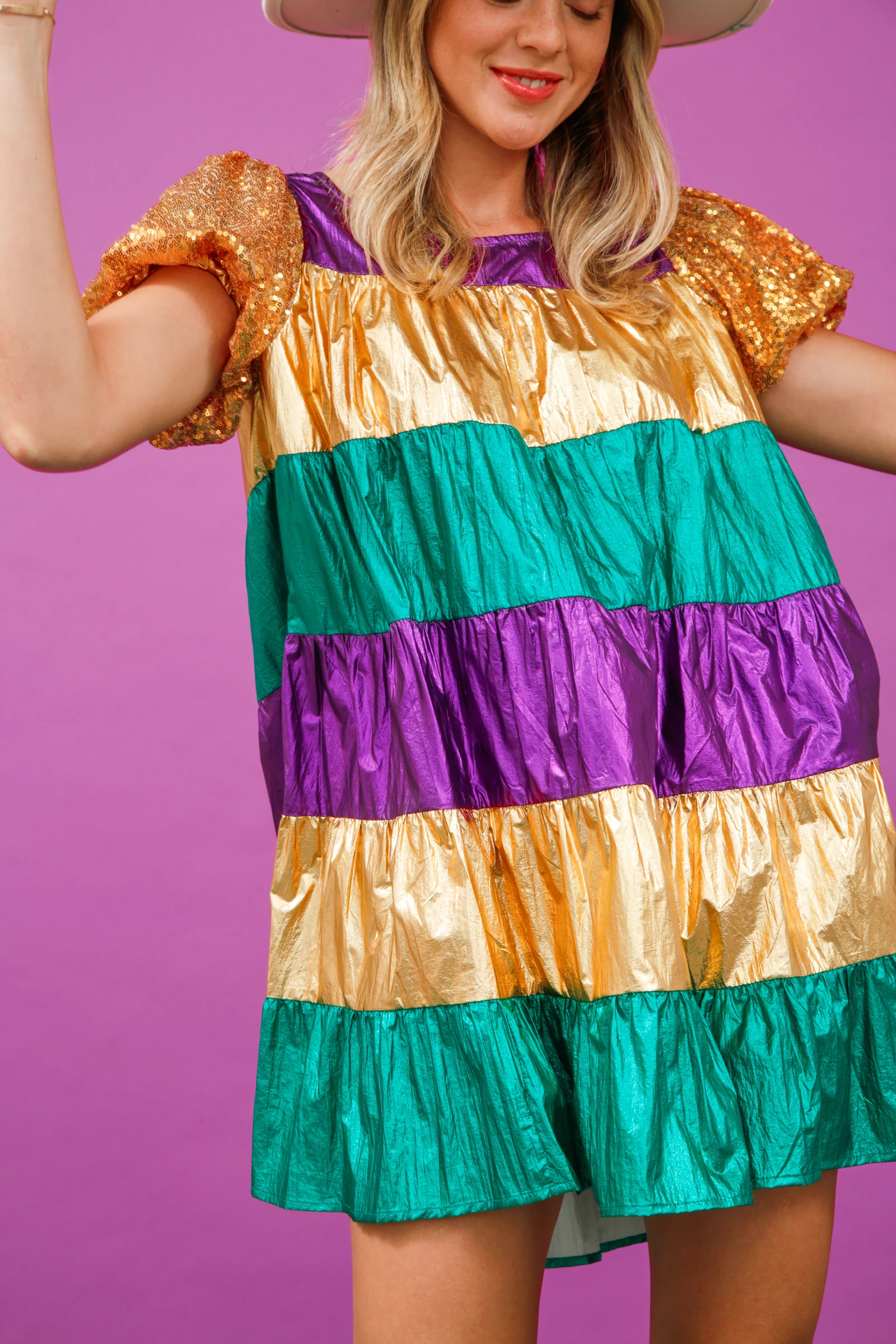 WINGTU Custom Private Label Women Tiered Color Block Ruffle Sequin Sleeve Mardi Gras Apparel Dress With Foil Fringe