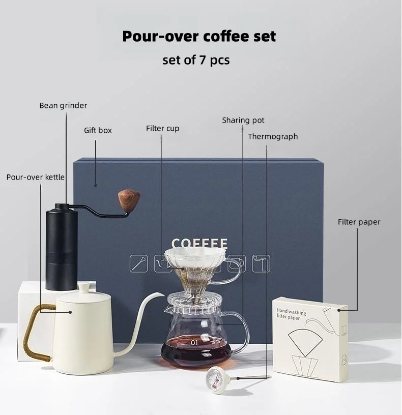 5 PCS 7 PCS Premium Box Outdoor Travel Drip Coffee Coffee Set Gifts Set with Manual Coffee Grinder Filter Kettle Gift Set