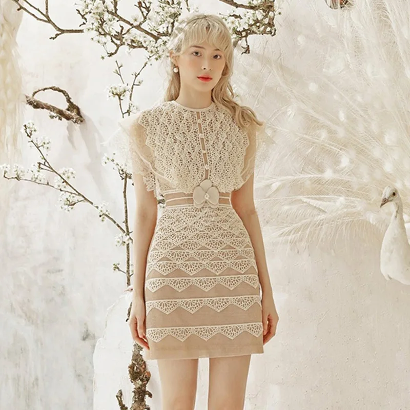 Lace Flowers Zipper Short Dress for Women Short Sleeve Casual Mini Dress Female Korean Style Round Neck A Line Dress