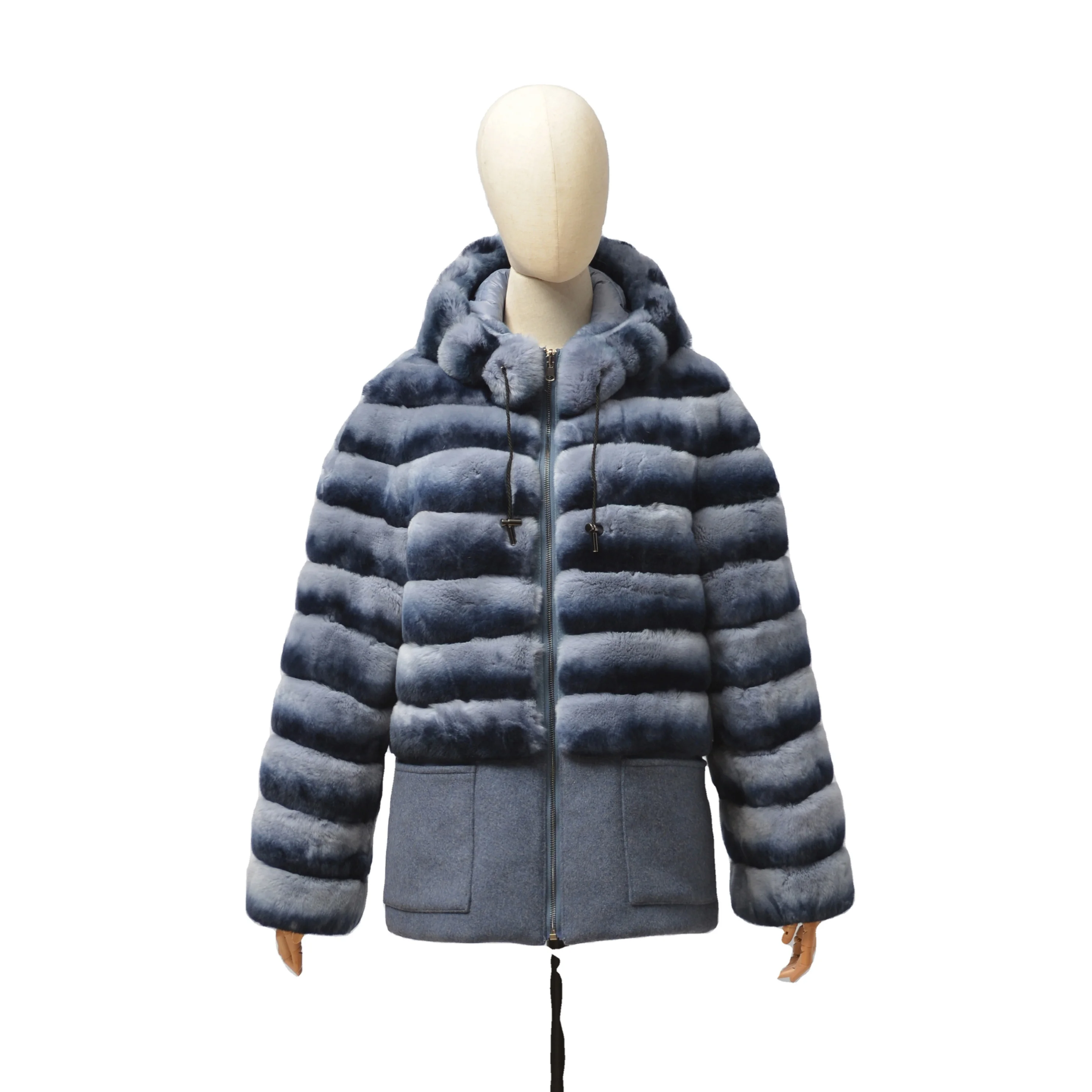 Fashionable Warmth Outdoor Wear Woolen Fabric Nylon Reversible Shell Polyester Padding Real Rex Rabbit Fur Winter Jacket Women