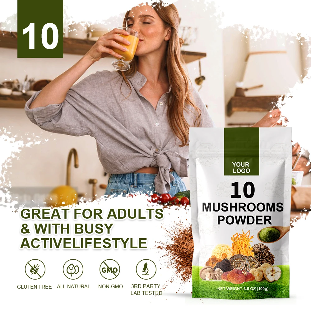 YOUR OWN LOGO Pure 10 in 1 Mushroom Blend Powder Wholesale Chaga Reishi Cordyceps Lions Mane 10 Type Mushroom Blend Extract