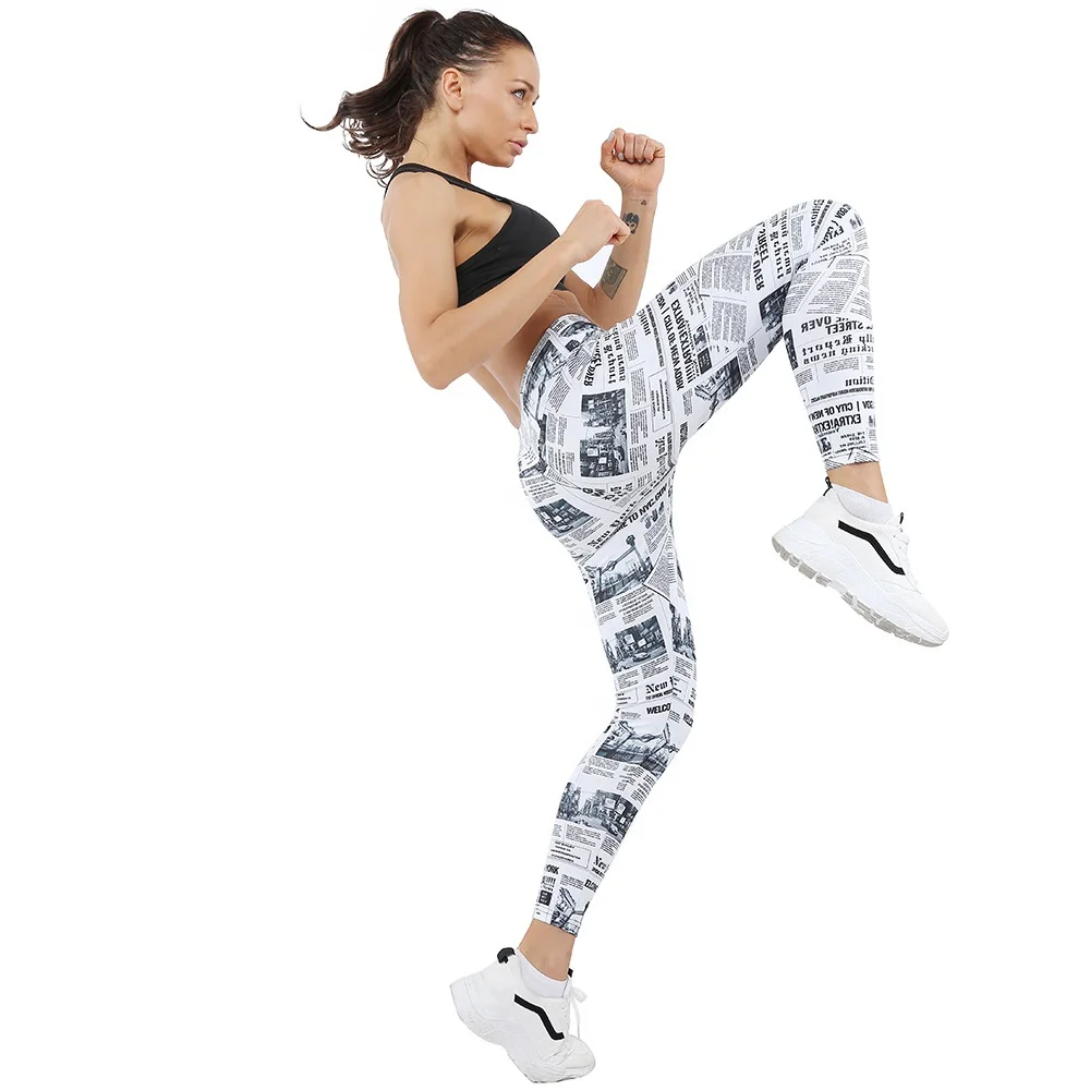 
Newspapers Printed Fitness Leggings High Waist Butt Lift Tight Yoga Pants 