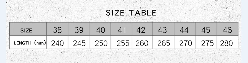 SIZE TABLE