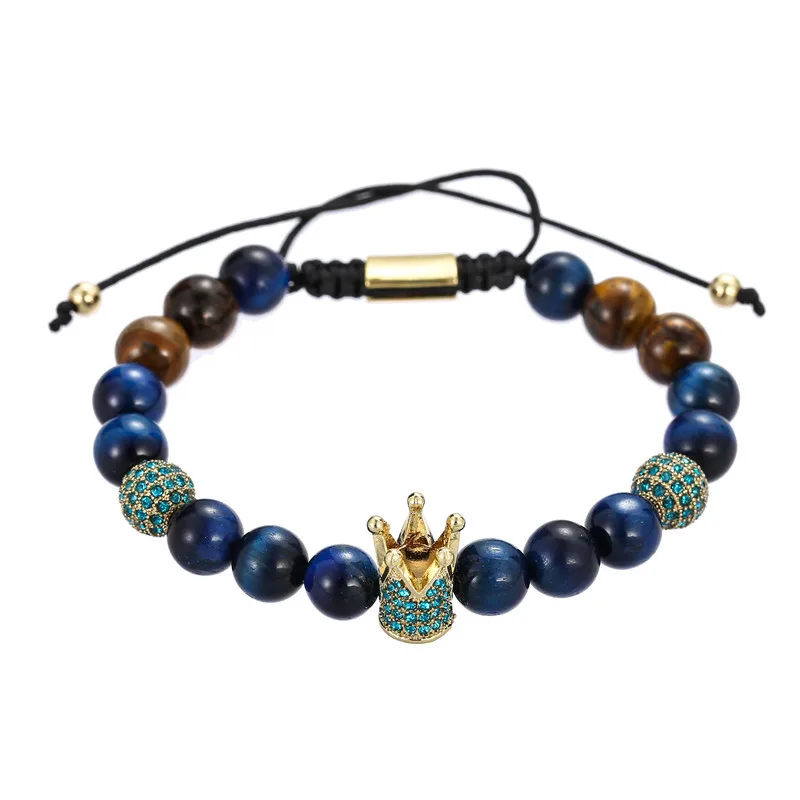 European Handmade Woven Rope Adjustable Braiding Natural Blue Tiger Eye Stone Royal King Crown Macrame Bracelet