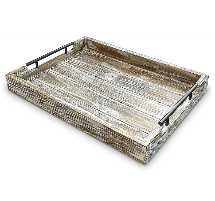 
Ottoman Wooden Serving Decorative Large Rustic Tray with Black Sleek Metal Handles 