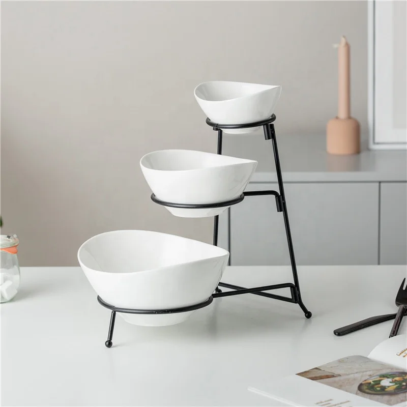 Dinnerware oval white blank bulk 3 tier chip dip food serving 5 inch ceramic bowl with stand