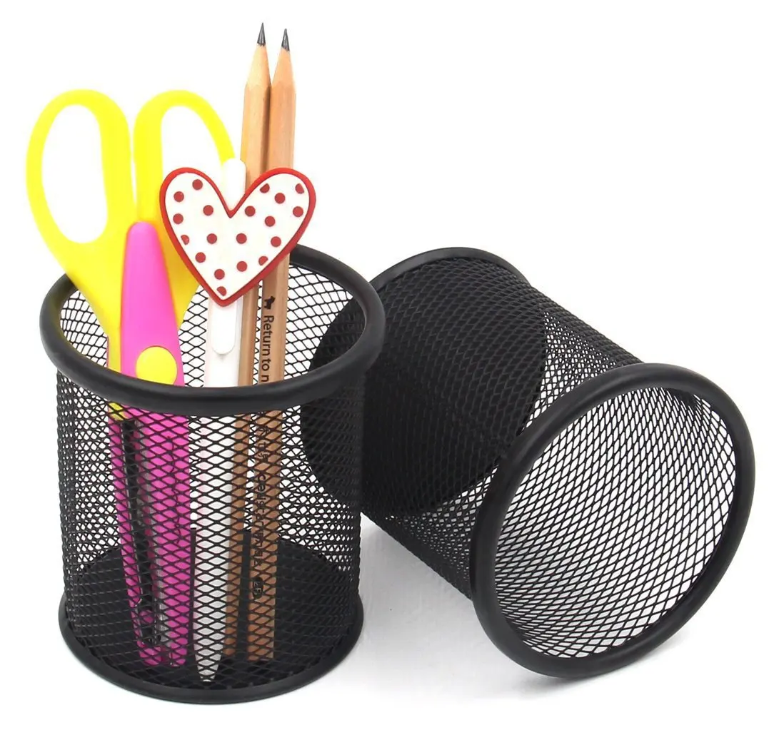 K1017 Black Desk Office Pen Organizer Round Table Metal Wire Mesh Pencil Cup Pen Holder