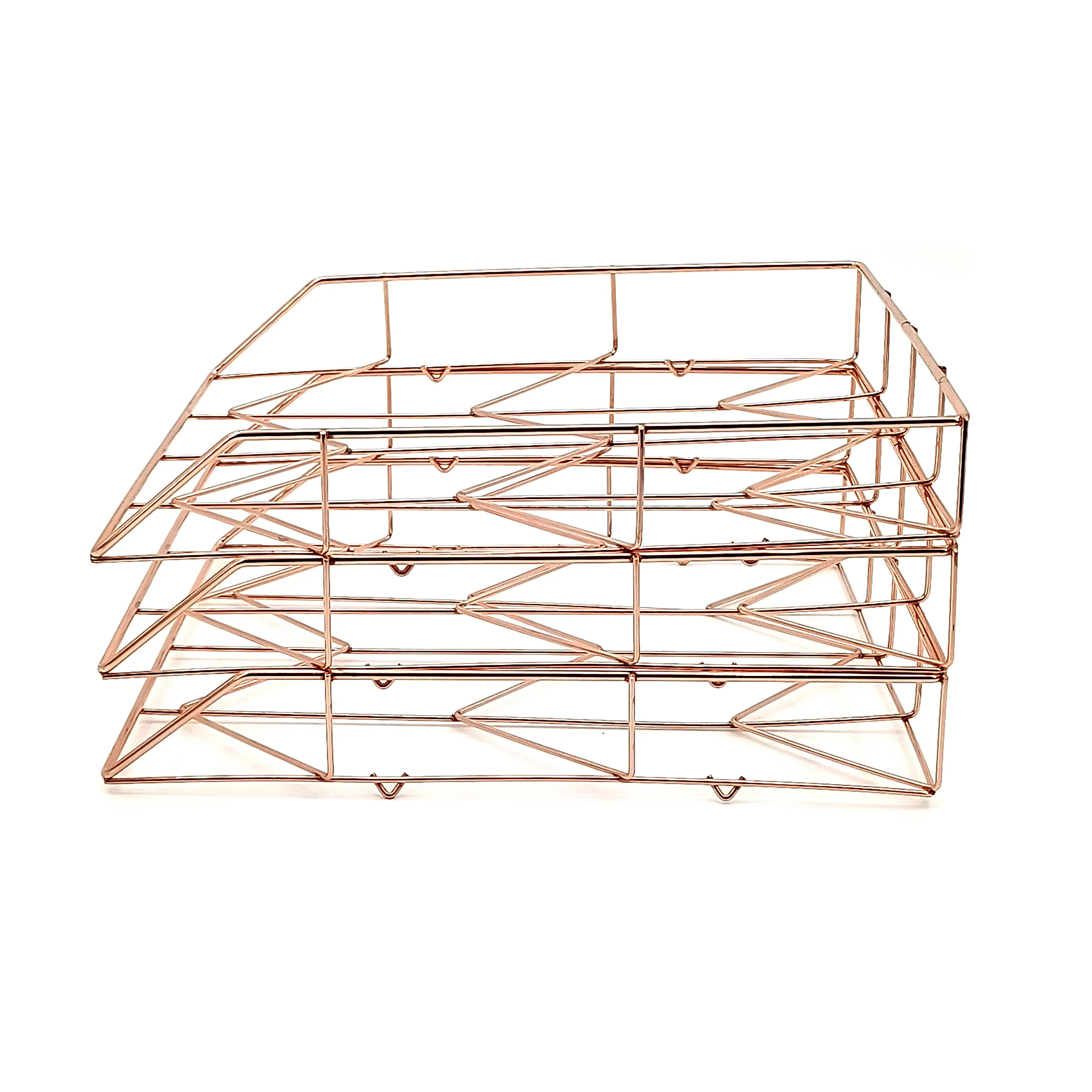 Hot sale Rose Gold Metal Wire desktop 3 tier File rack and Magazine Holder for