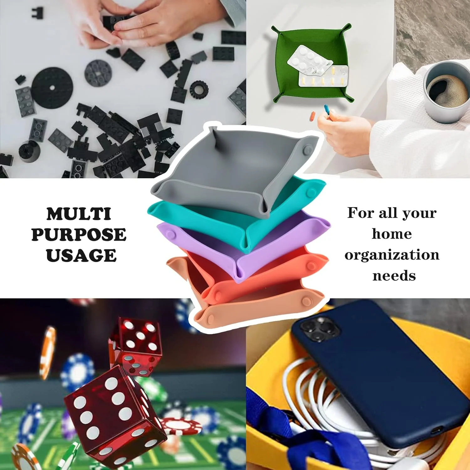 Silicone Collapsible Board Game Storage Bowl, Portable Folding Tray Accessory Holds Tabletop Bits, Dices for Party Game