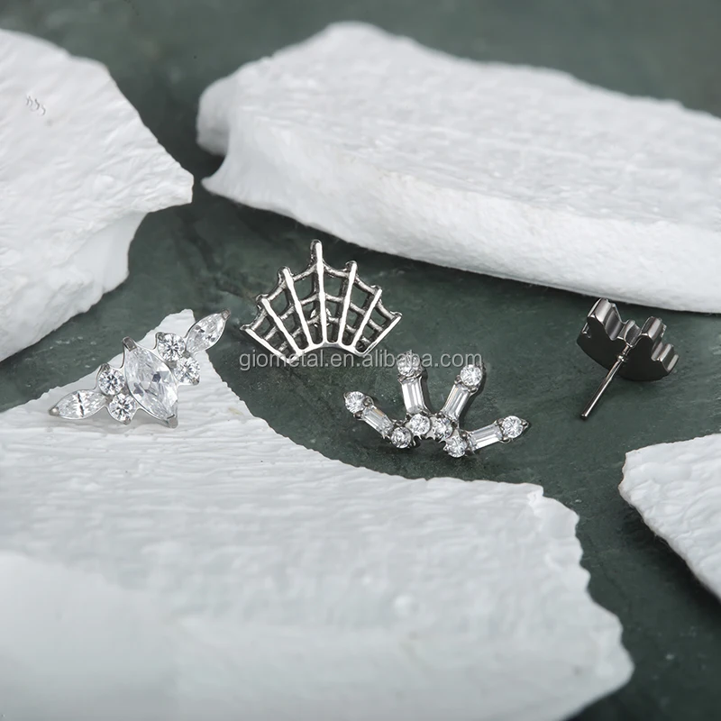 Giometal Mirror High Polish F136 Titanium G23 Custom Body Jewelry Labret Spider Web Press fit Ends Daith Piercing Earrings