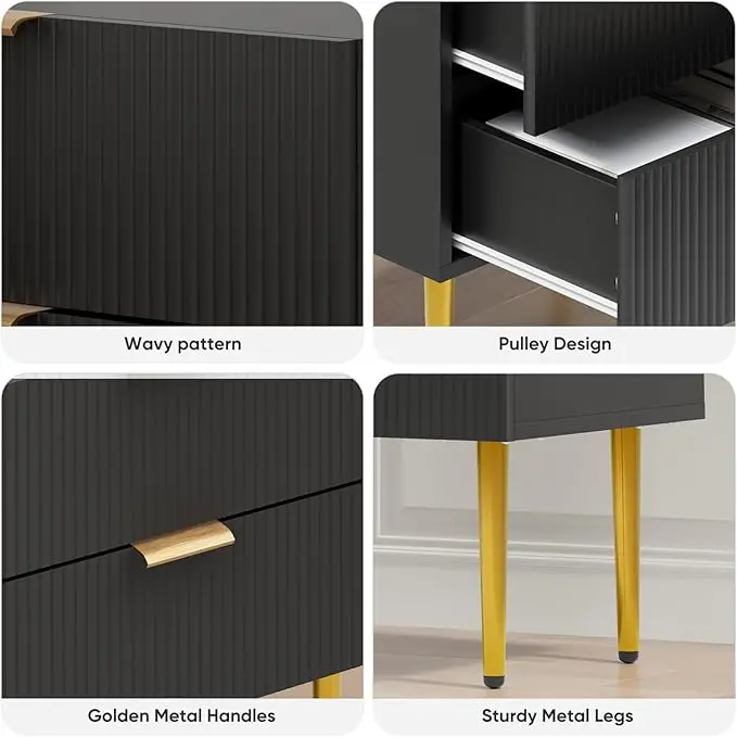 Mid Century Modern Night Stand with Fluted Panel, Bedside Table with 2 Drawer, Large Black NightStand with Gold Leg for Bedroom