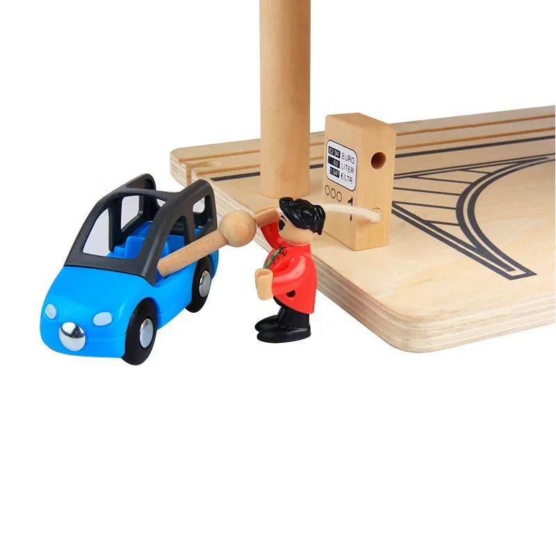 OEM role play fire station game set rail car parking station for kids preschool wooden pretend play toy