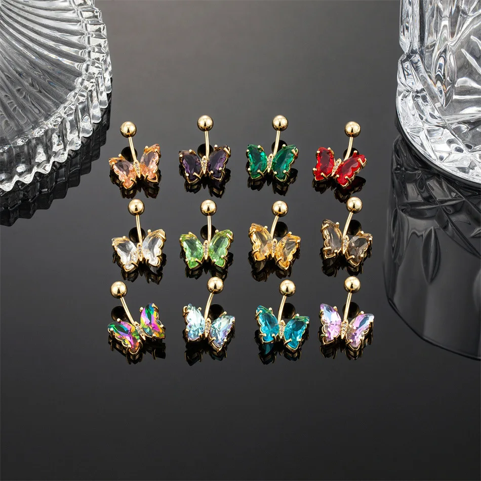 Newest Colorful Sparkling Crystal Butterfly Navel Nail Tarnish Free Stainless Steel Cz Butterfly Belly Button Piercing Jewelry