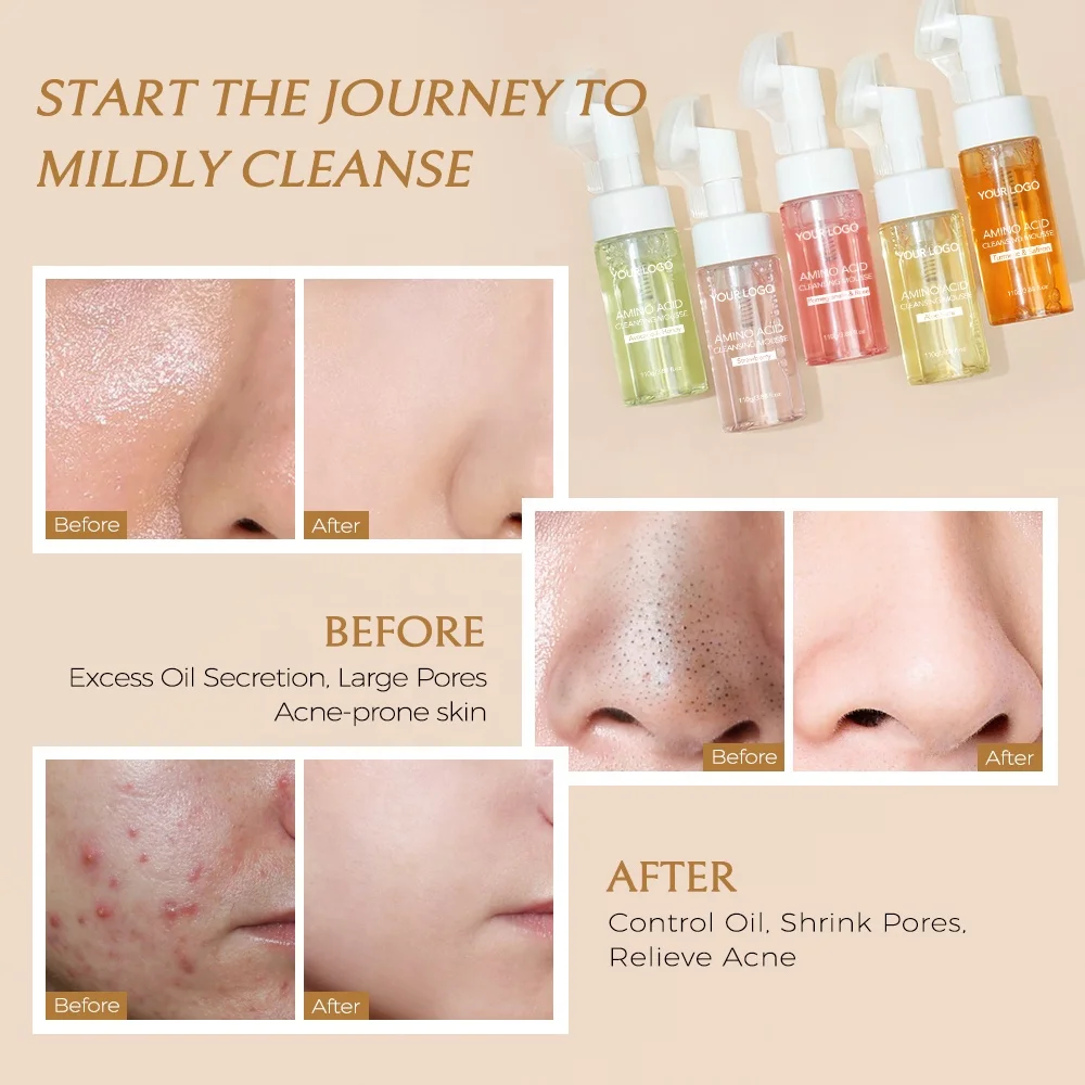 Private Label Aloe Vera Turmeric Amino Acid Facial Cleanser Mousse Moisturizing Brightening Face Wash With Brush