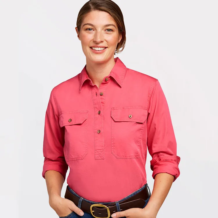 Women Half Button Long Sleeve Work Shirt Country Uniform Casual Yakka Two Pockets Cotton Workwear Shirt