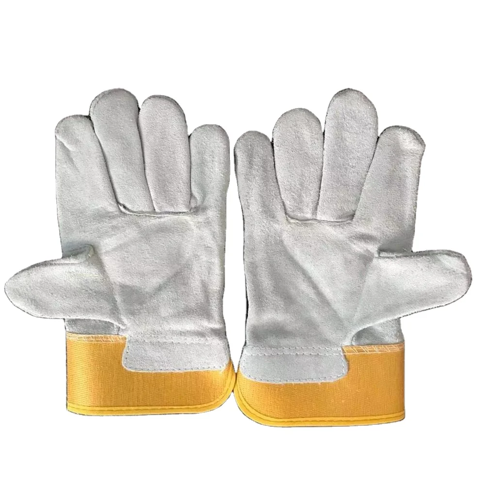 Western style yellow construction working full palm cowhide  safety work leather gloves for man women