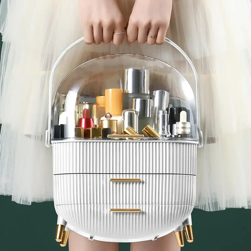 Addreen 3Pcs Set Cosmetic Storage Box Clear Cover Make Up Display Case 2 Drawer Makeup Organizer with Brush Holder Lipstick Rack