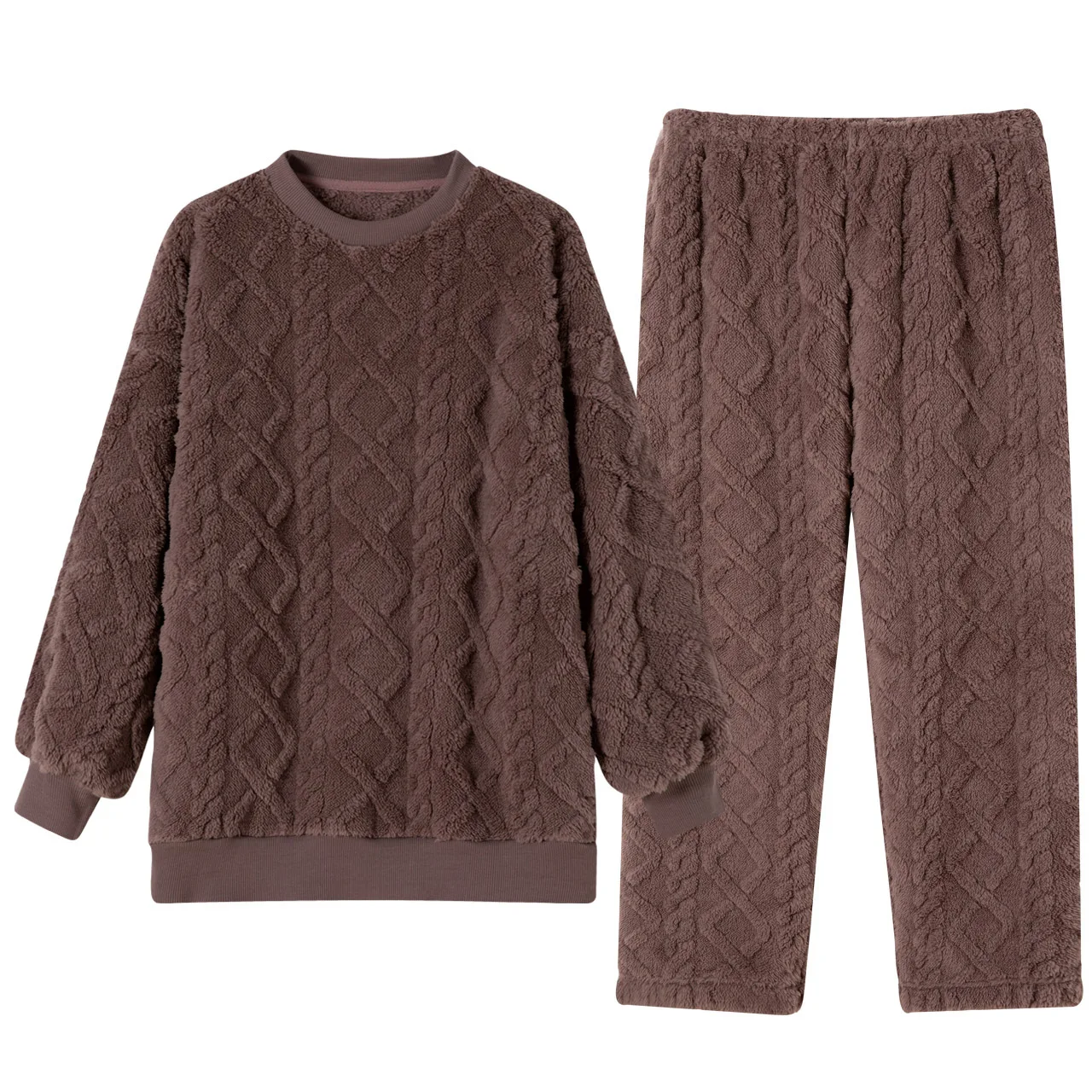 Custom OEM&ODM Supper Soft Fuzzy Solid Color Cable Women Sweater Pajamas Pullover Pants Stay Home Sleepwear Two Piece Knit Set
