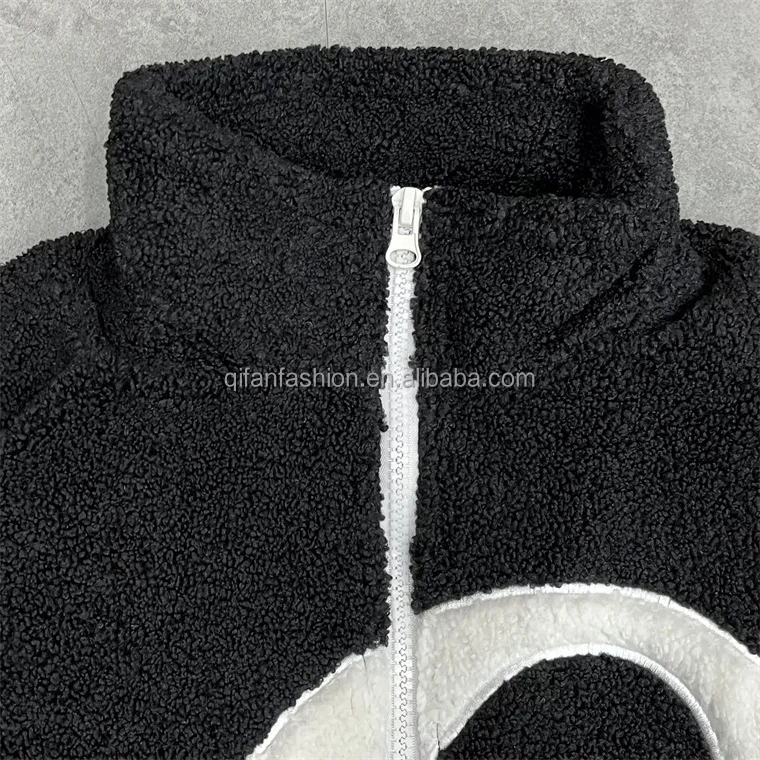 Custom high collar patchwork contrast logo fluffy sherpa fleece jacket for men