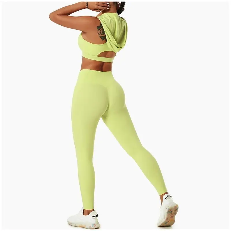 Women Seamless Gym Sport Yoga Bra with Hooded Workout High Waist Legging Plus Size Fitness 2Pcs Sets