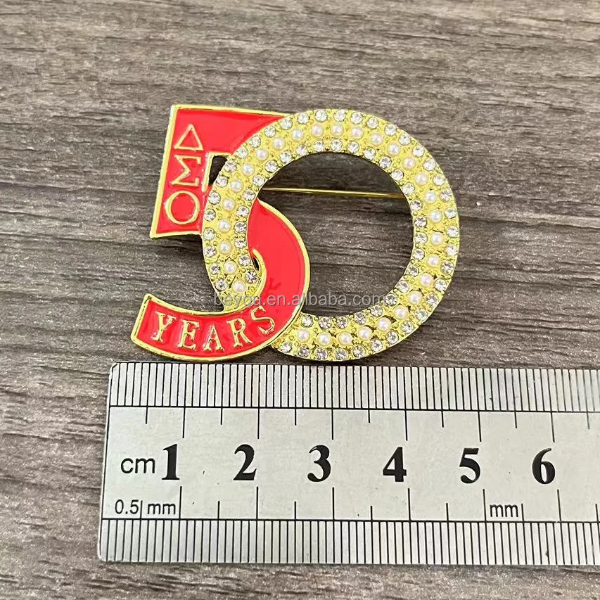 Delta Sigma Inspiration Design DST 50 Years Anniversary Gold Plated Red Enamel Rhinestone Pearl Brooch Sorority Jewelry Pin