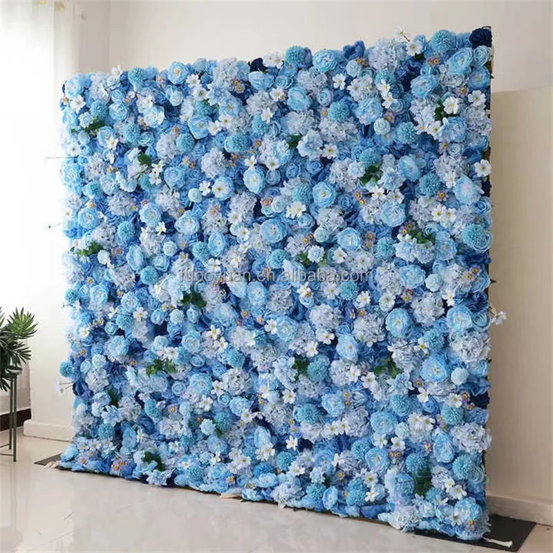 SZ Wedding Restaurant Shop Mall Decor 3D Roll Up Fabric Faux Flower Wall Blue Silk Artificial Rose Flower Wall Panel Backdrop