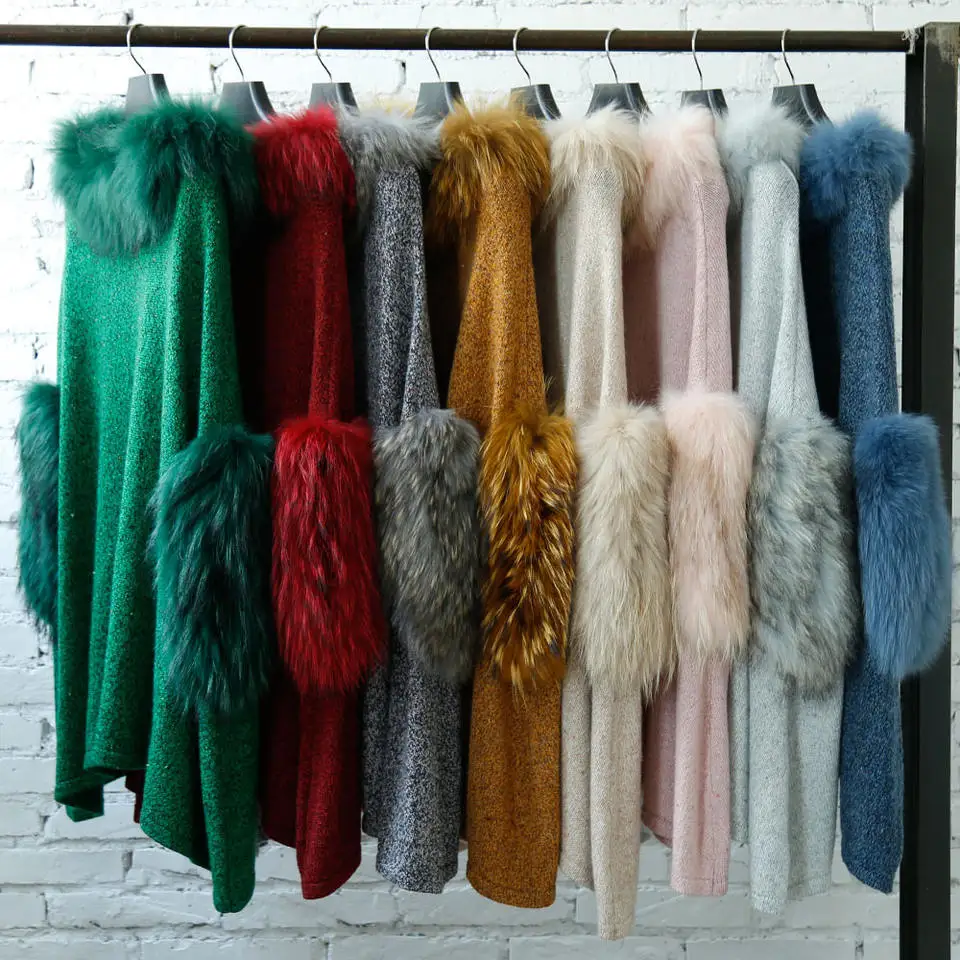 Wholesale Price Autumn Winter Raccoon Fur Ladies Shawls And Poncho Sweater With Fur