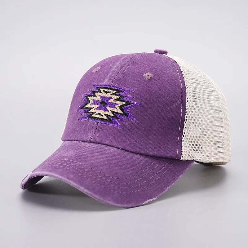 Embroidery Aztec High Pony Baseball Hat Mesh Hat Washed Cotton Distressed Baseball Cap Ponytail Hats Sunhat Custom Logo