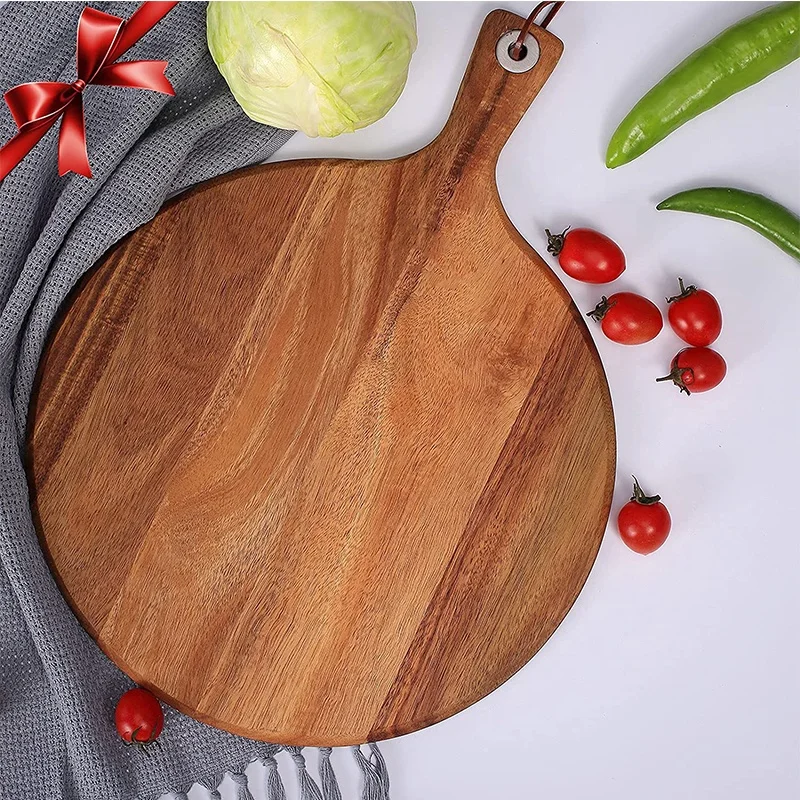 Custom  Paddle Shape Round Wooden Pizza Plate Tray Acacia Wood Pizza Cutting Board