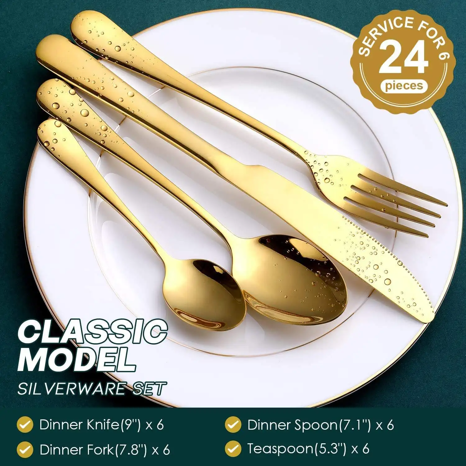 Luxury 24Pcs Home Flatware 1010 Gold Forks Spoons Stainless Steel Cutlery Sets with Box Case