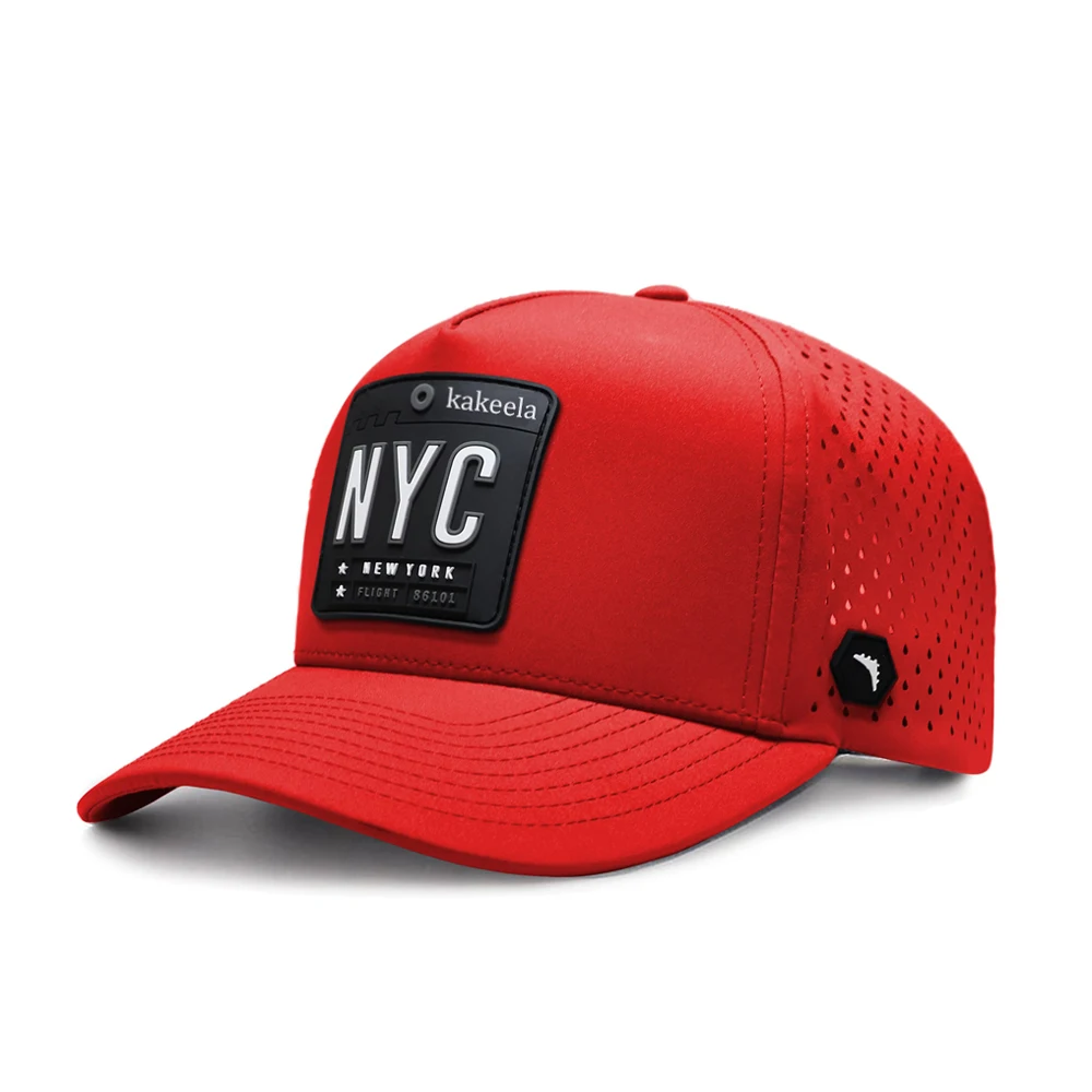 Custom Rubber Patch Logo Golf Gorras Red Baseball Hat Nylon Laser Cut Hole Performance Sport Cap 5 Panel Waterproof Snapback Hat