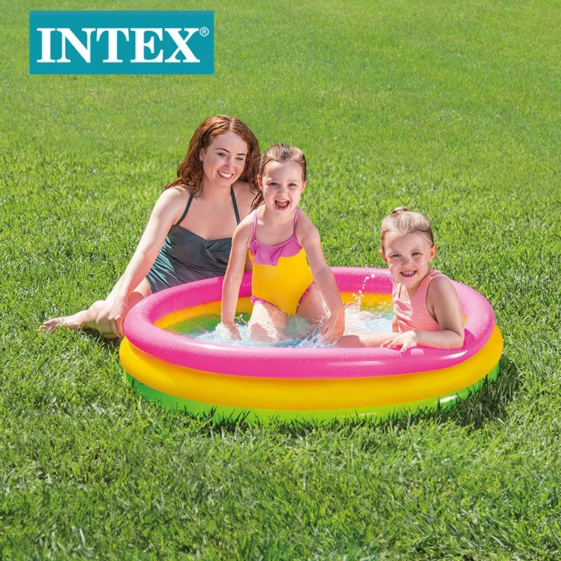 Wholesale INTEX57412 Inflatable Fluorescent Rainbow 3-Ring Baby Pool with Bubble Bottom for Kids Swimming