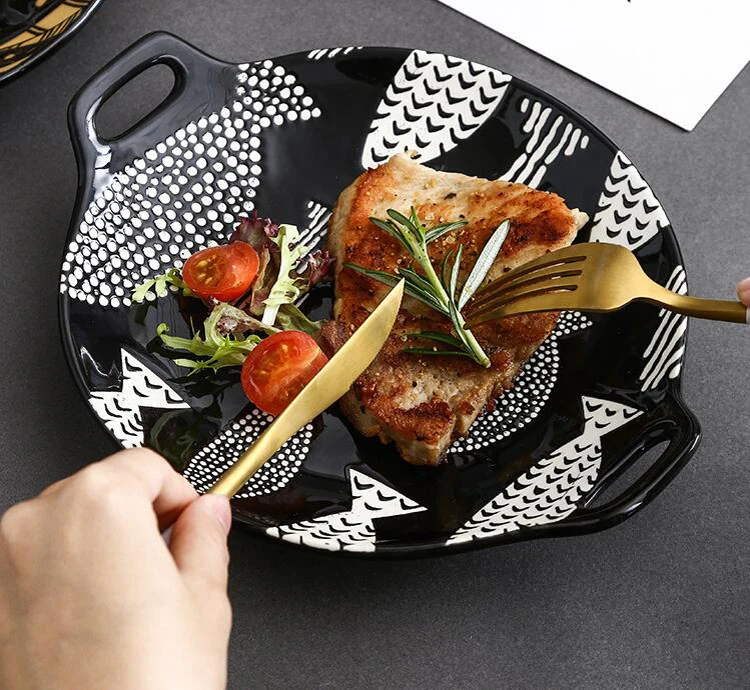 Under Glazed Square Dinner Plates Angled Salad Bowls Pizza Plate Ceramic Dinnerware Set Fish Plates for Restaurants