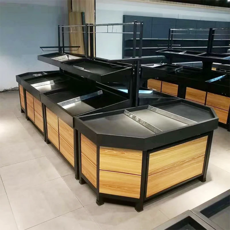 Meicheng Shop Racks Wooden Vegetable Stand Supermarket Steel Wood Fruit Vegetable Display Stand