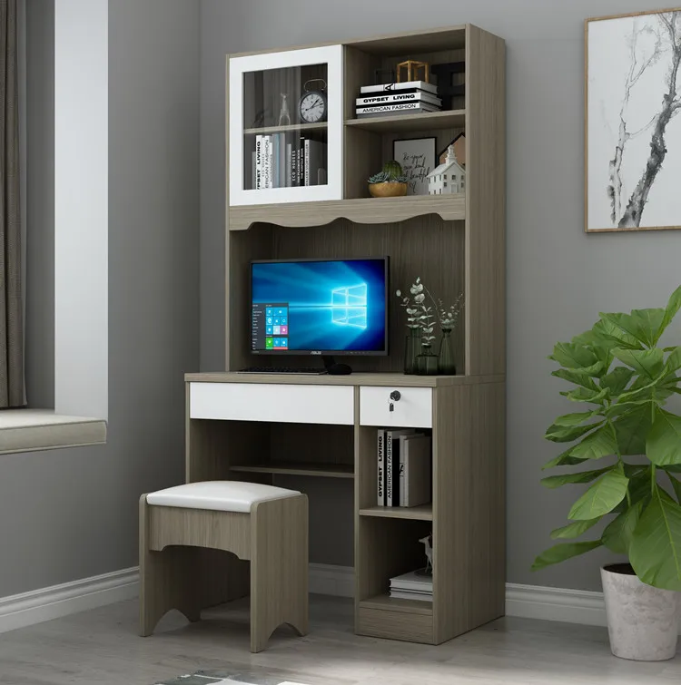 Modern simple wardrobe bookcase one combination of two three-door bedroom cabinet conjoined computer learning desk cabinet