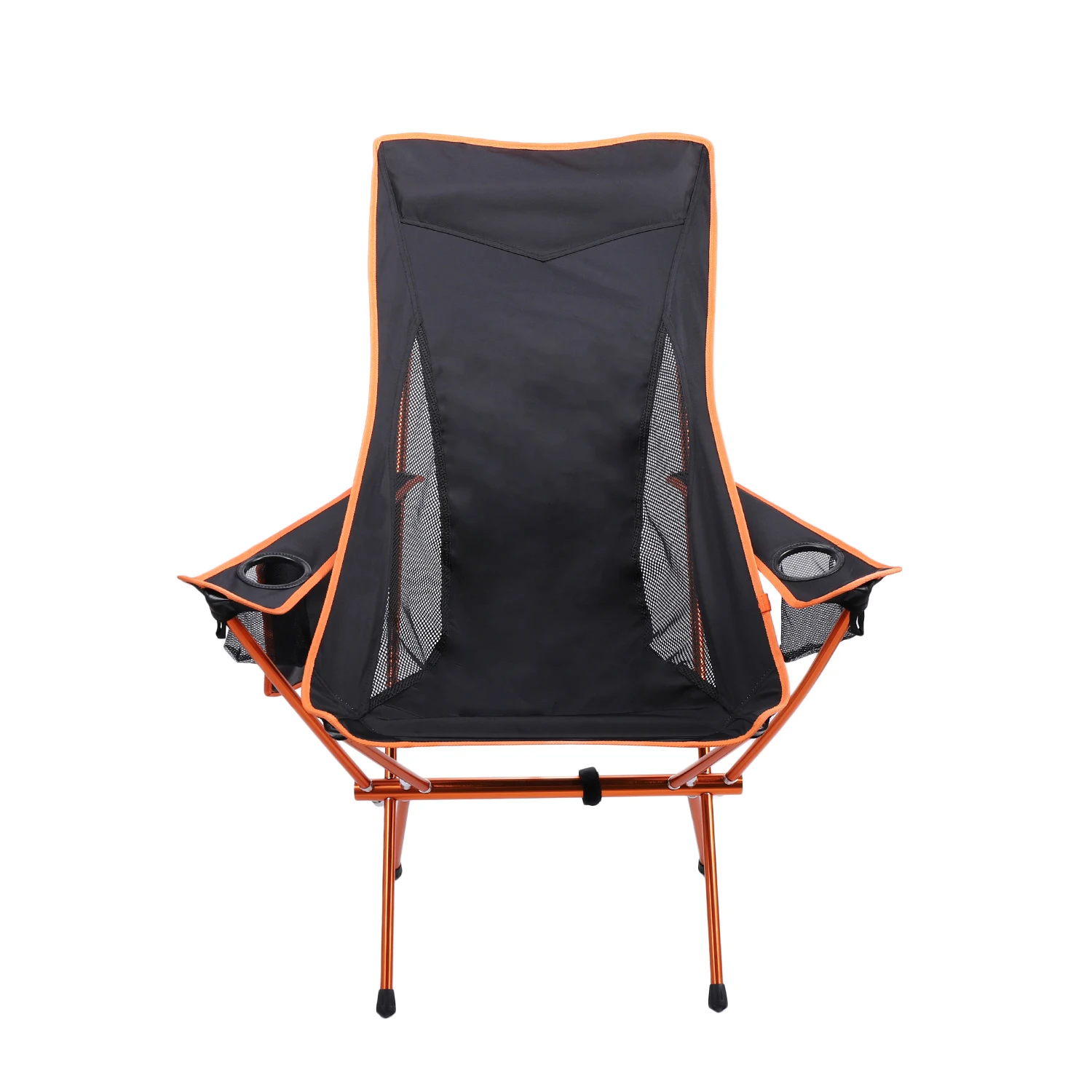 Factory Sale Custom Logo Black & Orange Outdoor Camping Moon Chair with Cup Holders