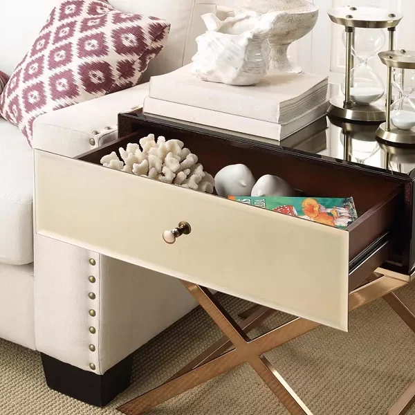 Wholesale Silver Champagne Gold Mirror Cross Legs End Table With Drawer