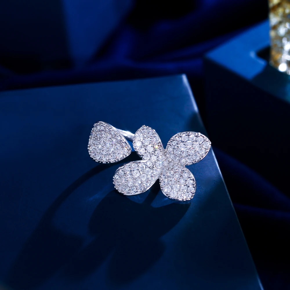 Adjustable Fashion Rose Gold Color Cubic Zirconia Flower Leaf Open Cuff Rings Women Korean Luxury Engagement Party Gift Jewelry