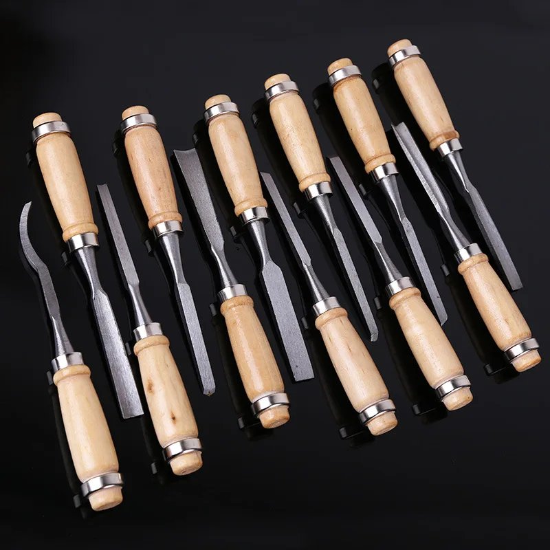 12 Pcs Hand Chisel Carving Tools Set Wood Steel Canvas Bag DIY Woodworking Tools Woodturning Tools Wood Turning Lathe Chisels